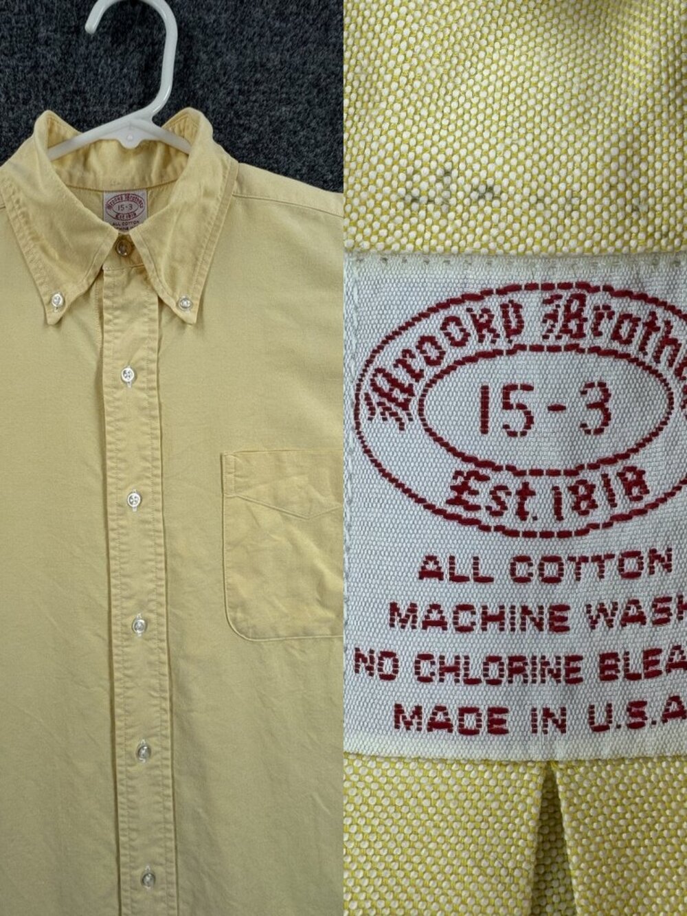 VTG Brooks Brothers OCBD Yellow 15 3 USA All Cotton Button-Down Preppy Pocket